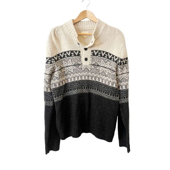 Field & Stream Black Cream Fair Isle Henley Pullover‎ Sweater Large - Picture 1 of 4